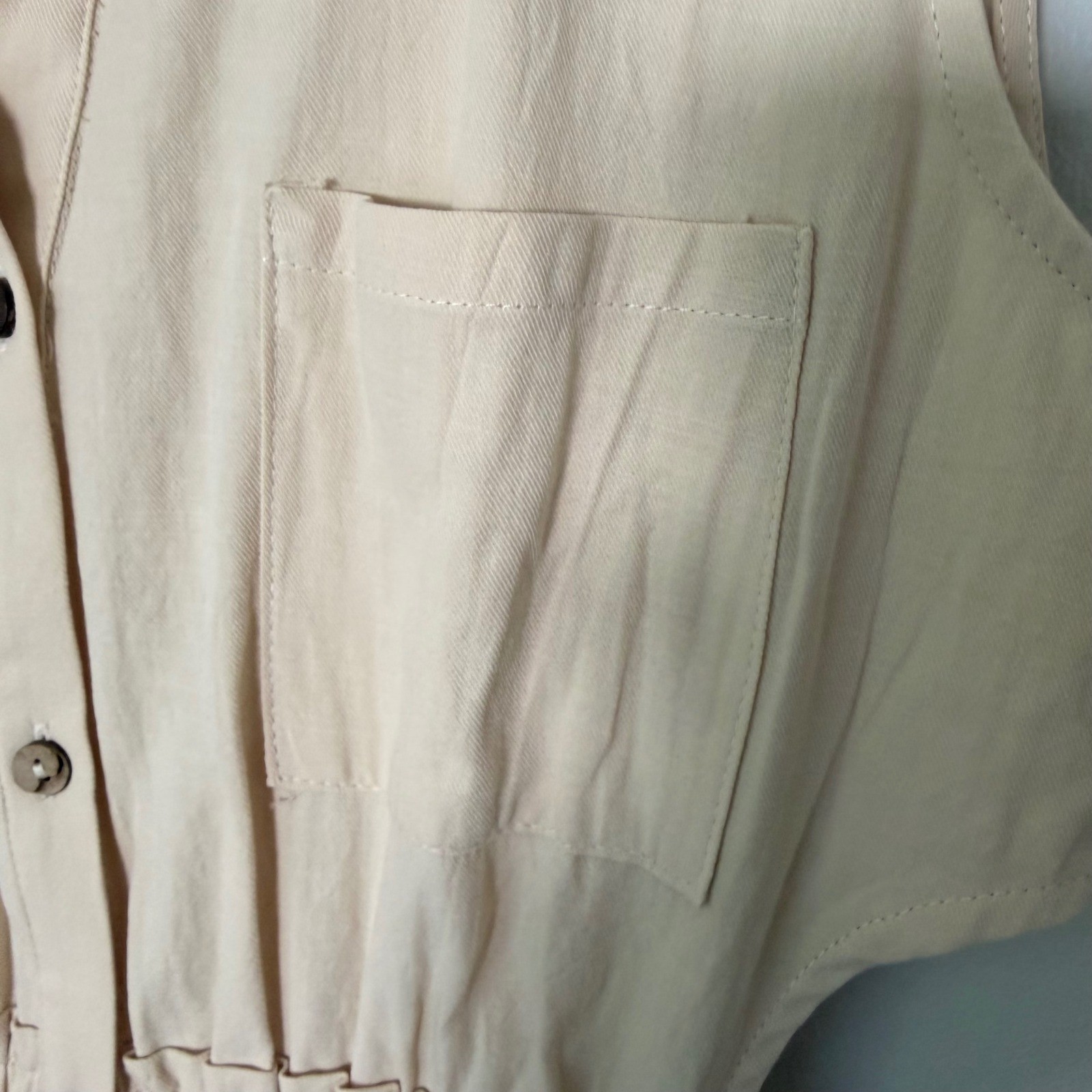 Neutral Summer Button Down Cotton Shirt Dress NEW (LG) Cutouts Sleeveless Cream