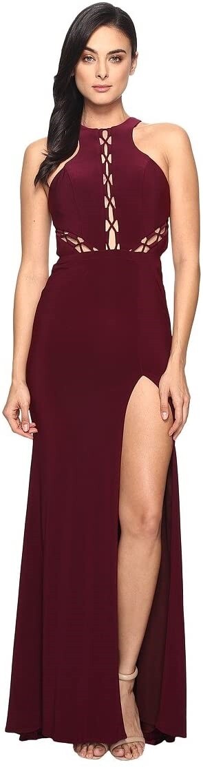 Faviana Women’s 241038 Lace Up Illusion Jersey Bordeaux Dress Size 4