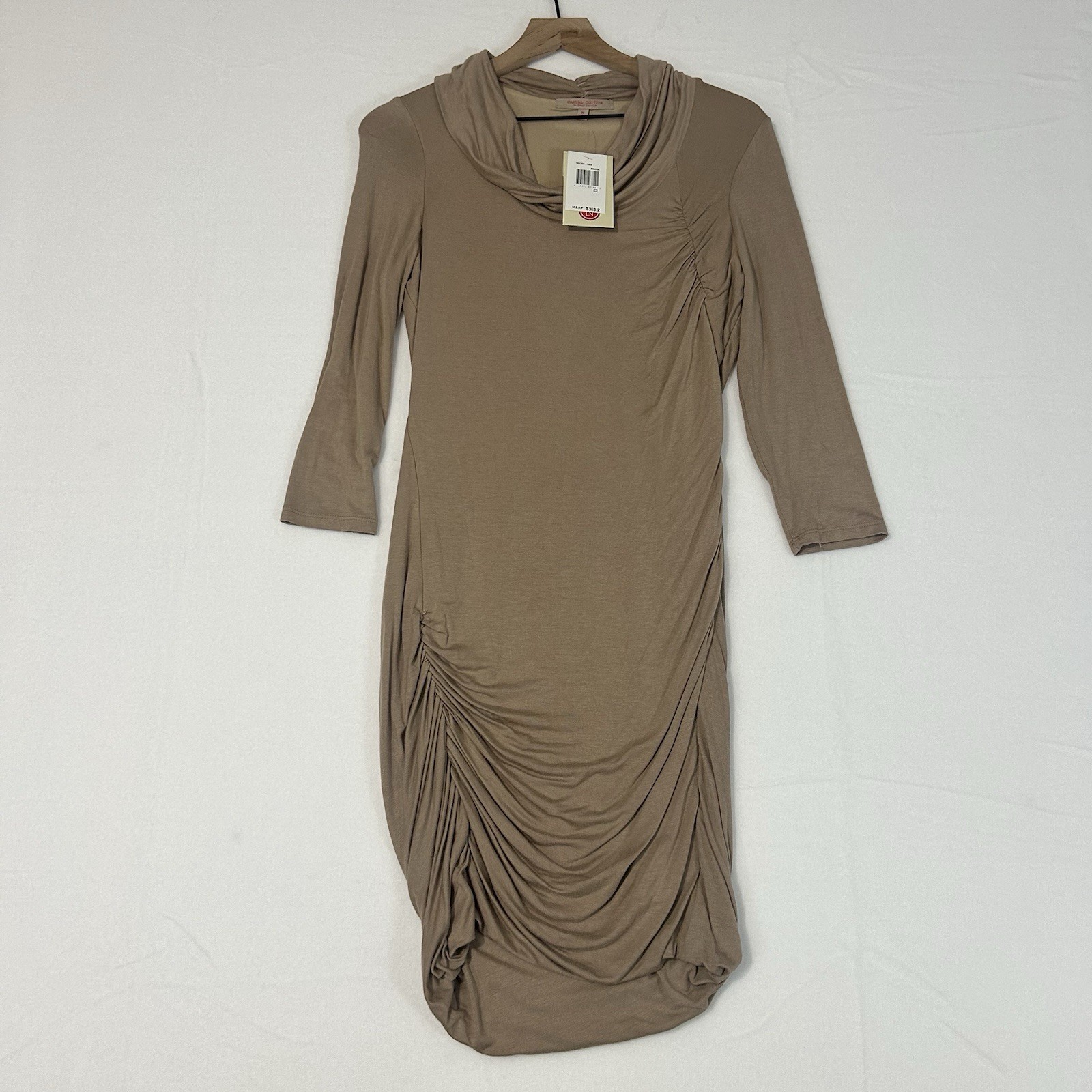 Casual Couture by Green Envelope Mocha 3/4 Sleeve Ruched Dress Medium NWT $353