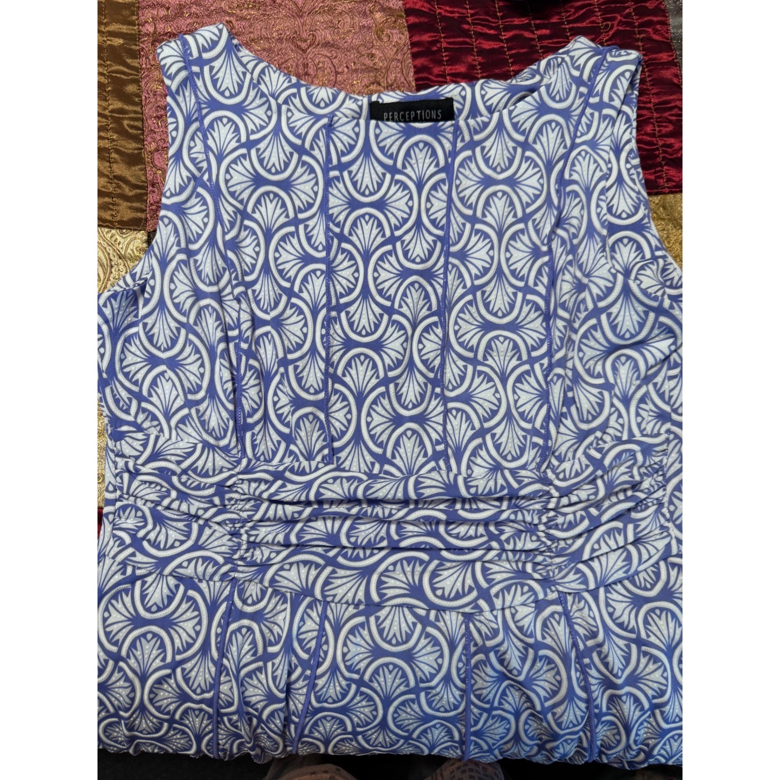 Perceptions New York Purple White Geometric Fan Print Ruched Midi Dr Womens 14