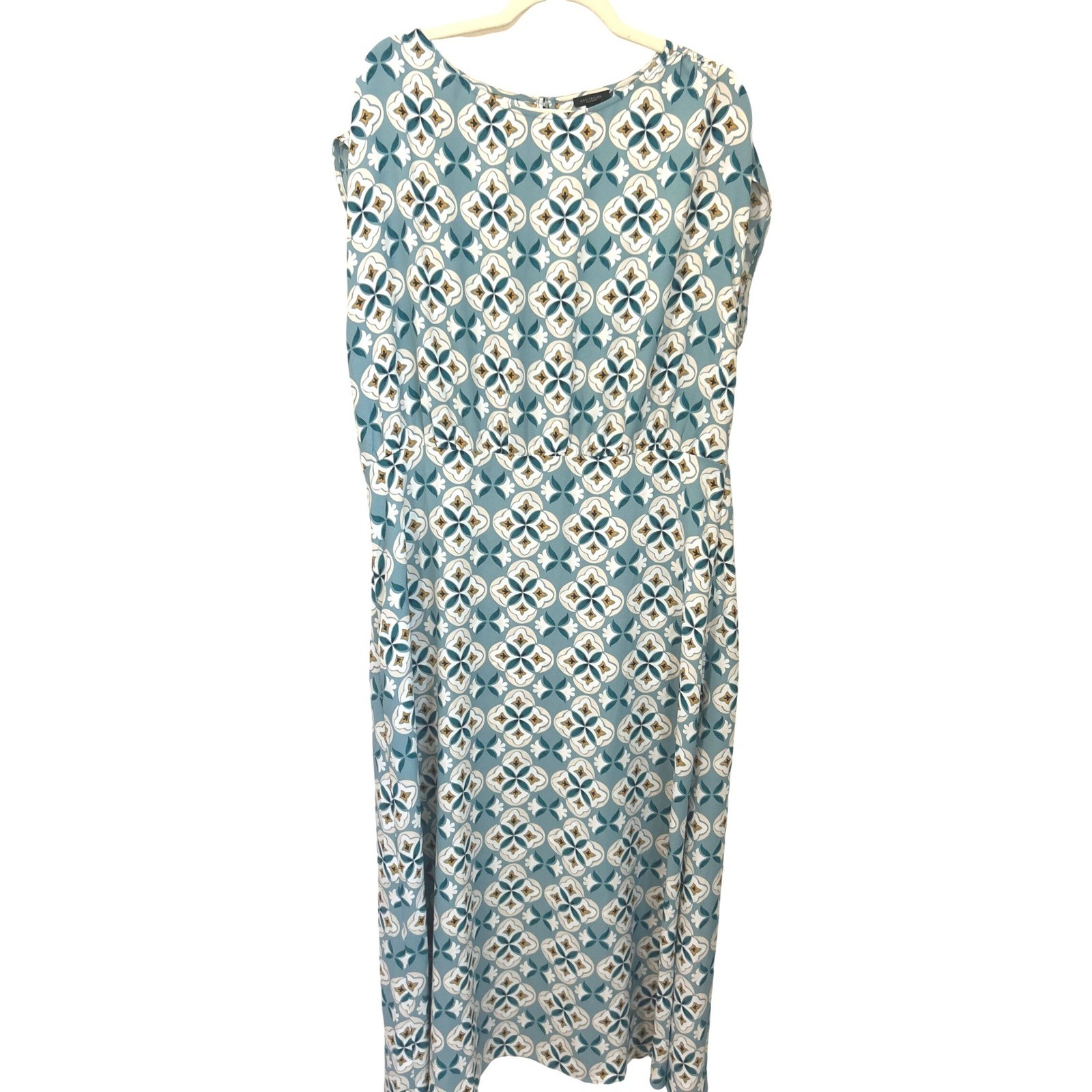 Ann Taylor Factory Size 16 Midi Dress Geometric Tile Print Blue Cap Sleeve