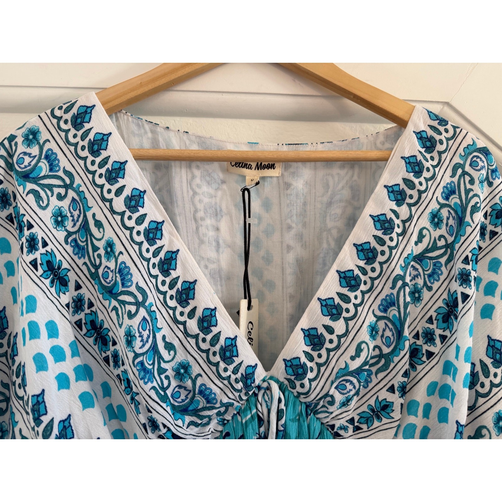 NWT Celina Moon Ariel Mini Kimono Dress Blue V-neck Medium Beach Boho Fairy