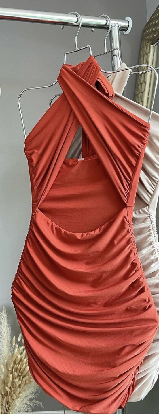 TRESSER Women’s Boutique Rust Orange Halter Ruched Sexy Club/Party Mini Dress