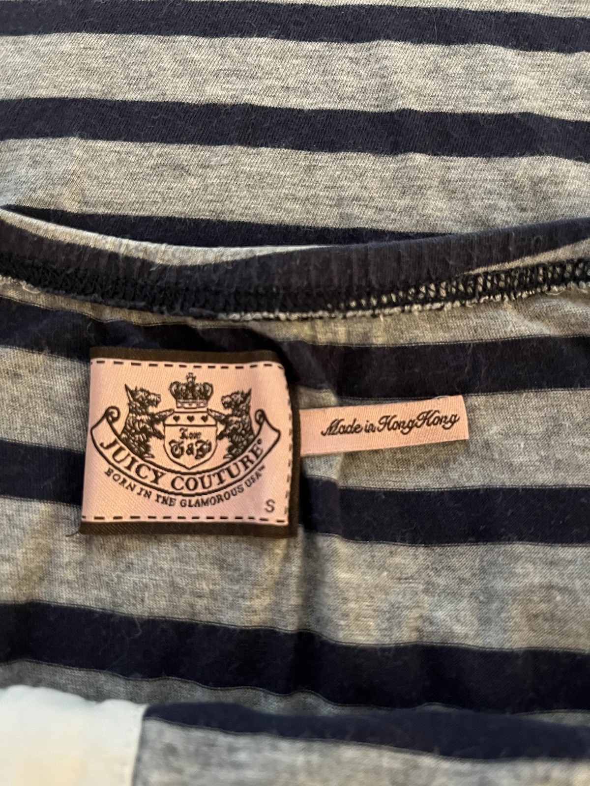 VTG Juicy Couture Spaghetti Strap Dress Women’s Navy Blue Grey Stripe Lace