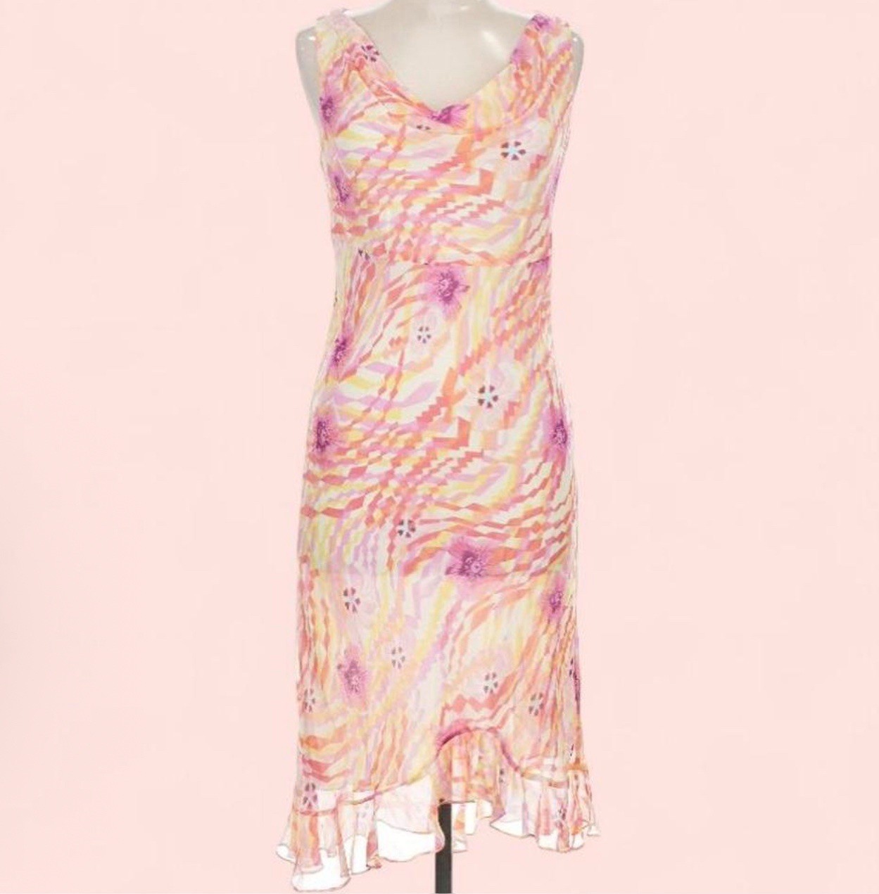 Bob Mackie Y2K Studio Silk Chiffon Floral A-Line Midi Dress Sleeveless Ruffle
