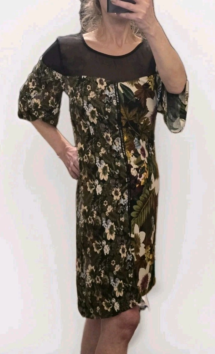Desigual Morgana Floral Patchwork Dress Sze S Sheer Mesh Bell Sleeve Cottagecore