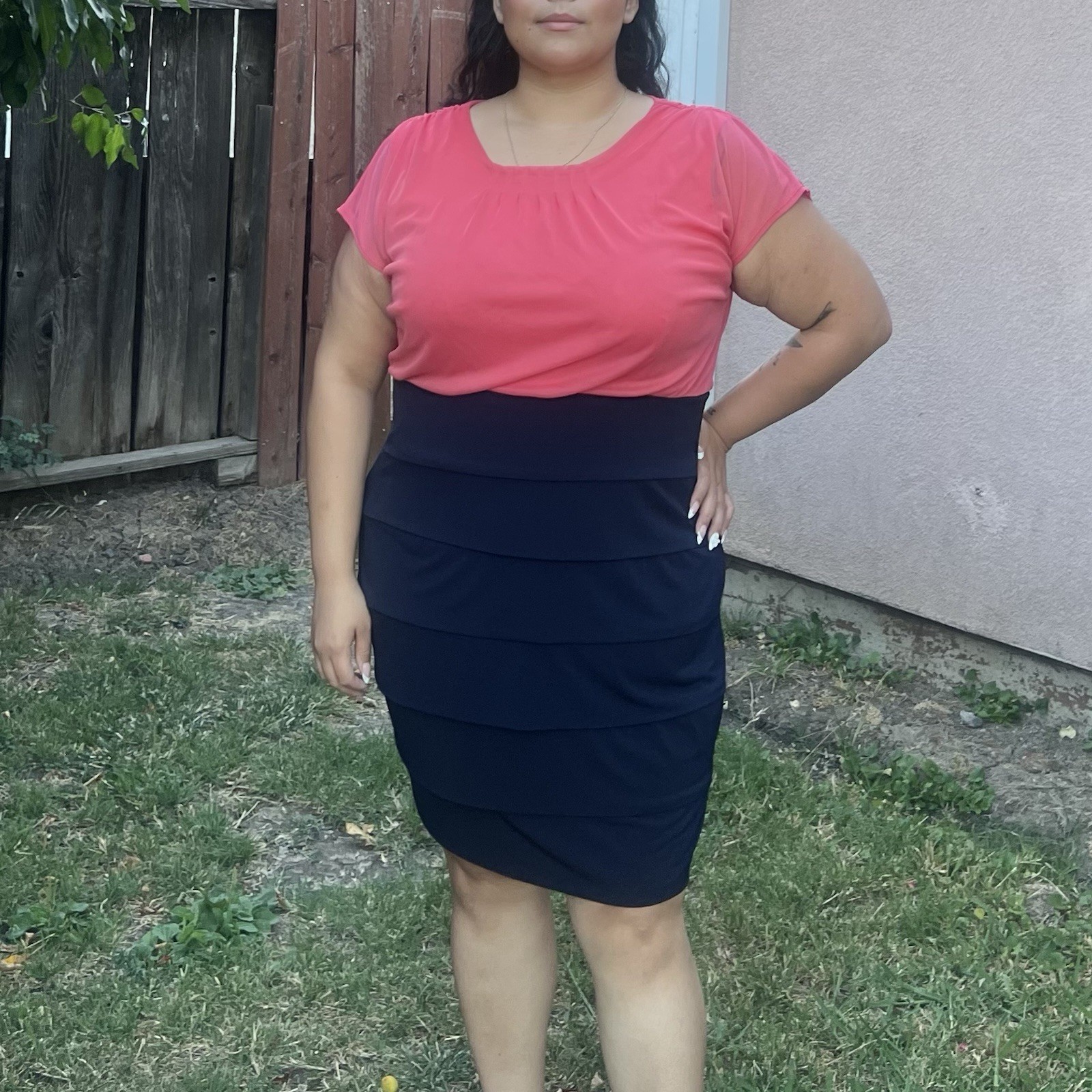 Colorblock Coral & Navy Tiered Bodycon Sheath Dress