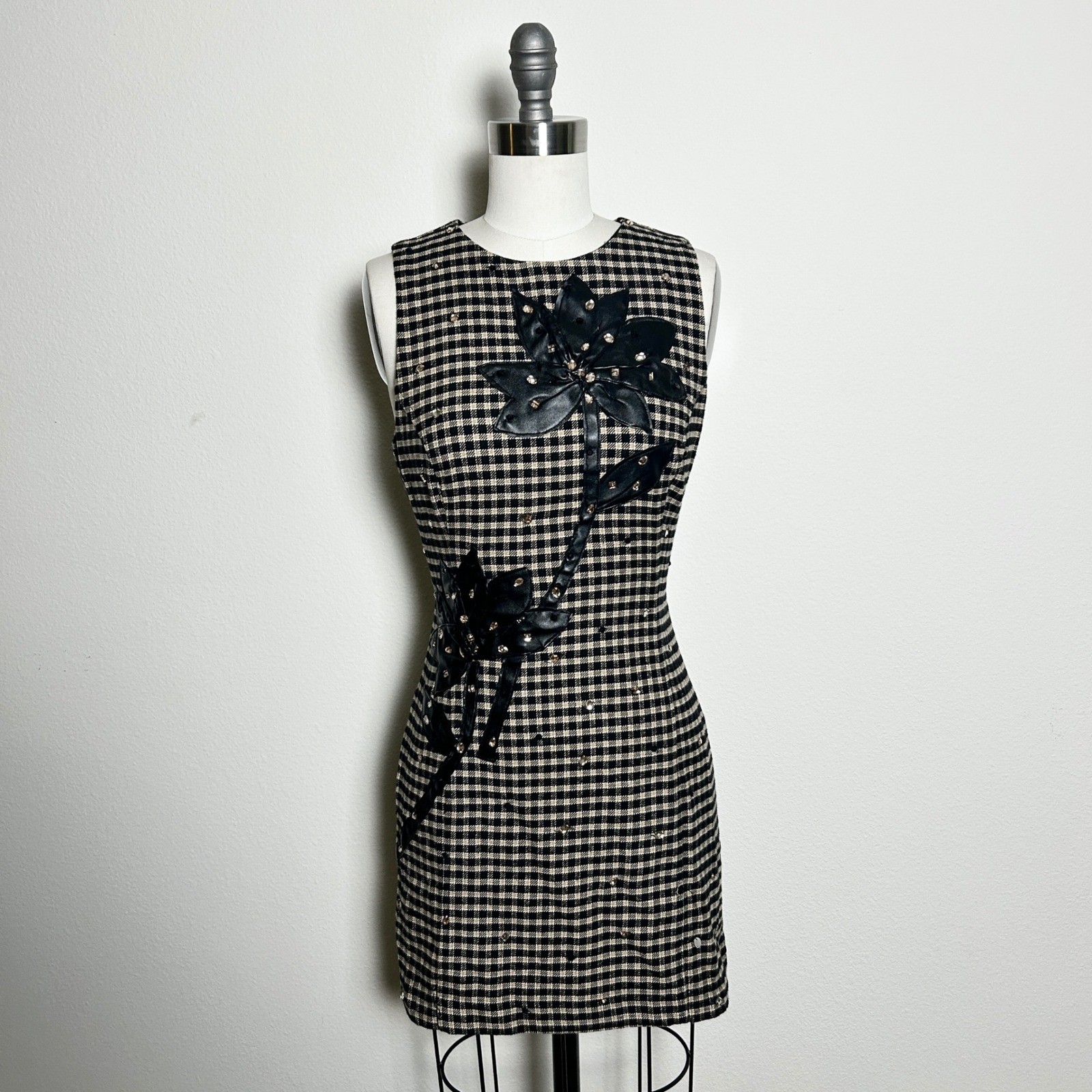 NWT Anthropologie Sleeveless Embellished Mini Dress XXS 100% Cotton Tweed Check