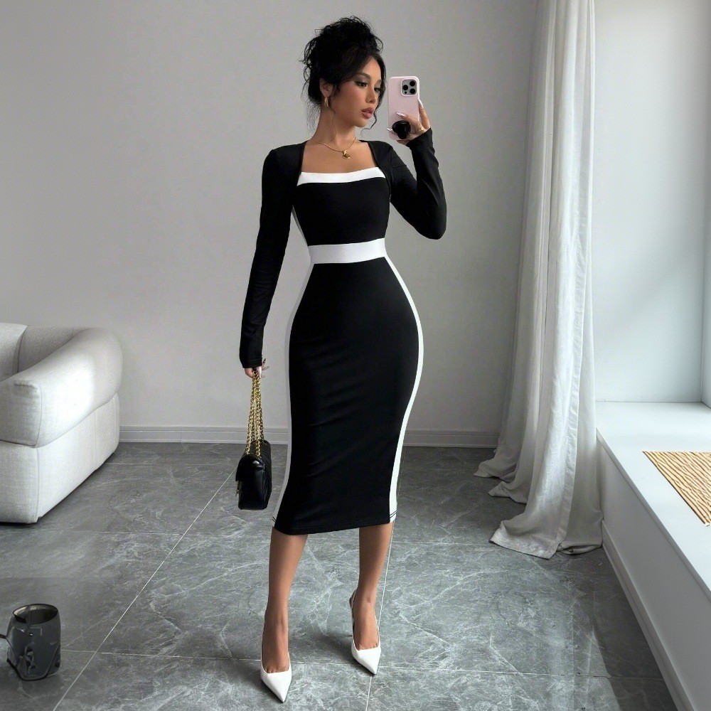 Women Square Neck Long Sleeve Bodycon Midi Dress Colorblock Party Gown S M XL