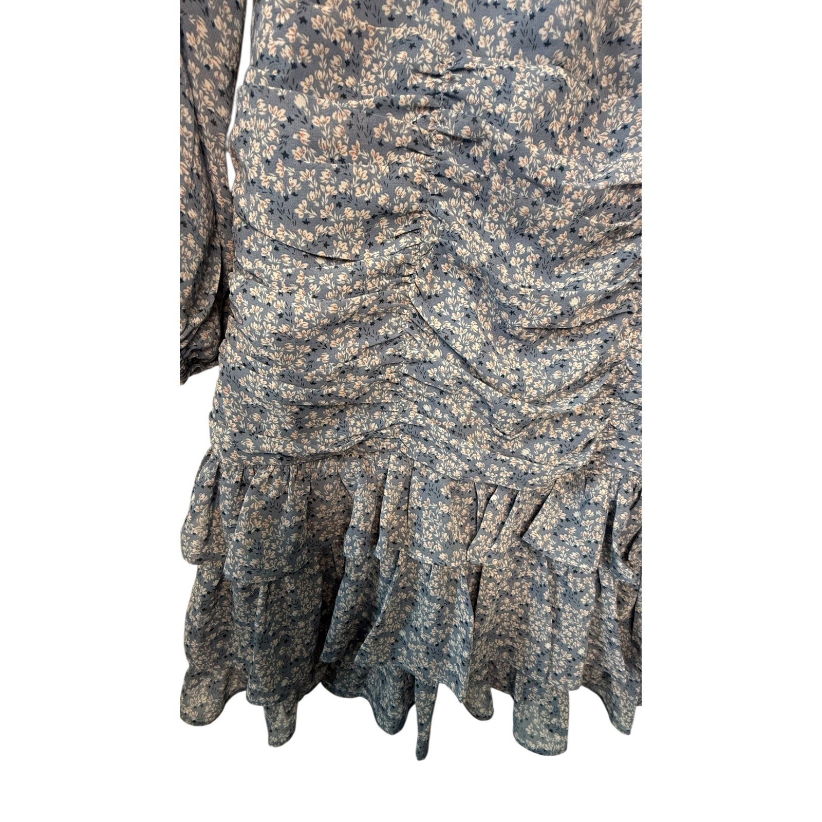 NWT ASTR The Label Blue Floral Ruched Mini Dress Long Sleeve Ruffle Skirt