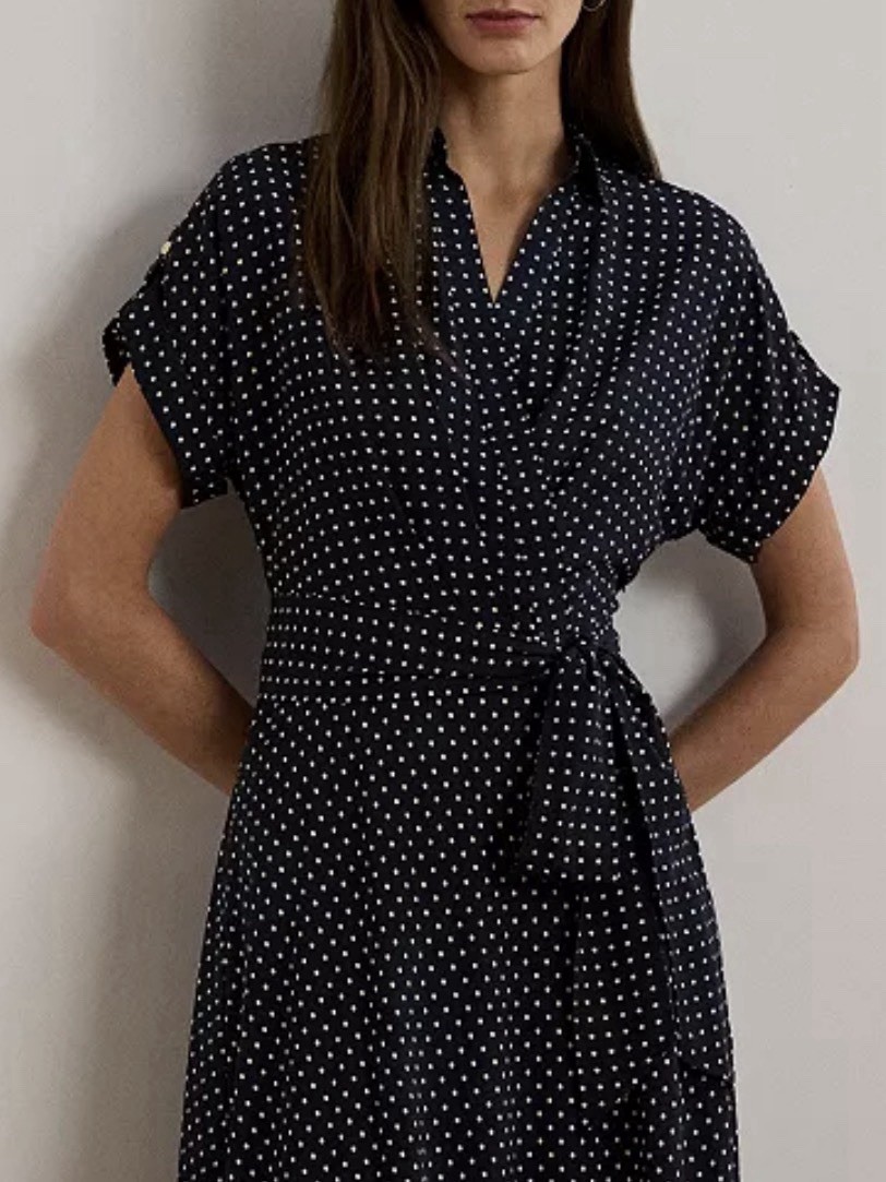 Lauren Ralph Lauren Polka-Dot Belted Crepe Dress Sz 10 NWT