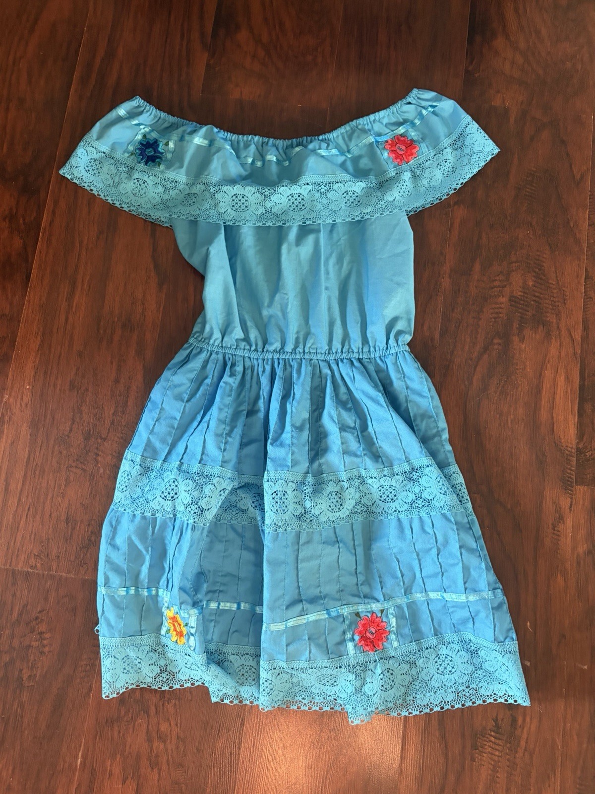 Blue Floral Off Shoulder Lace Embroidered A-Line Knee Dress One Size m