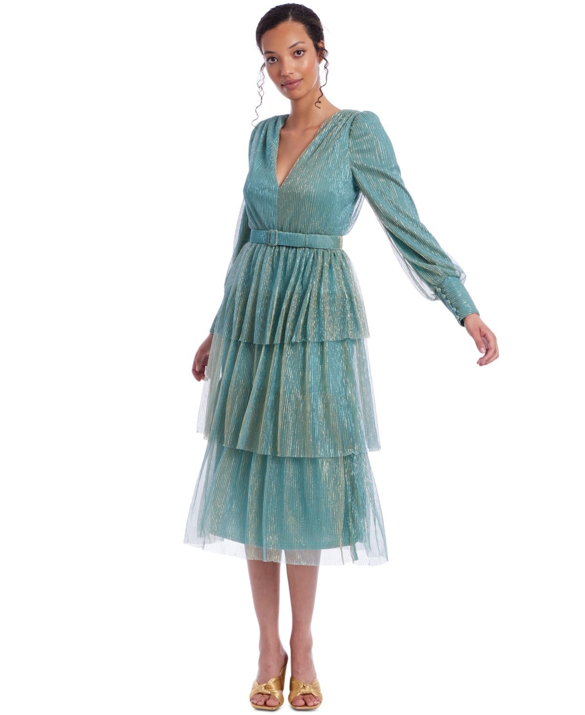 Jewel Badgley Mischka Womens Metallic Tiered Midi D Green Blue, 16