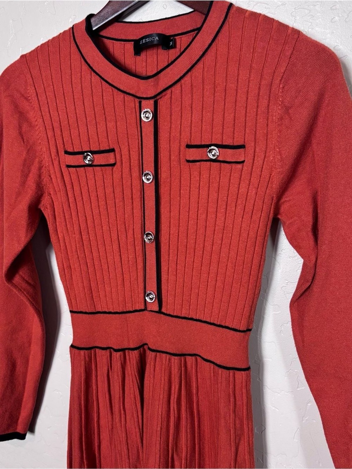 Zesica Rib Knit Pleated Midi Dress Rust Long Sleeve Women’s Medium