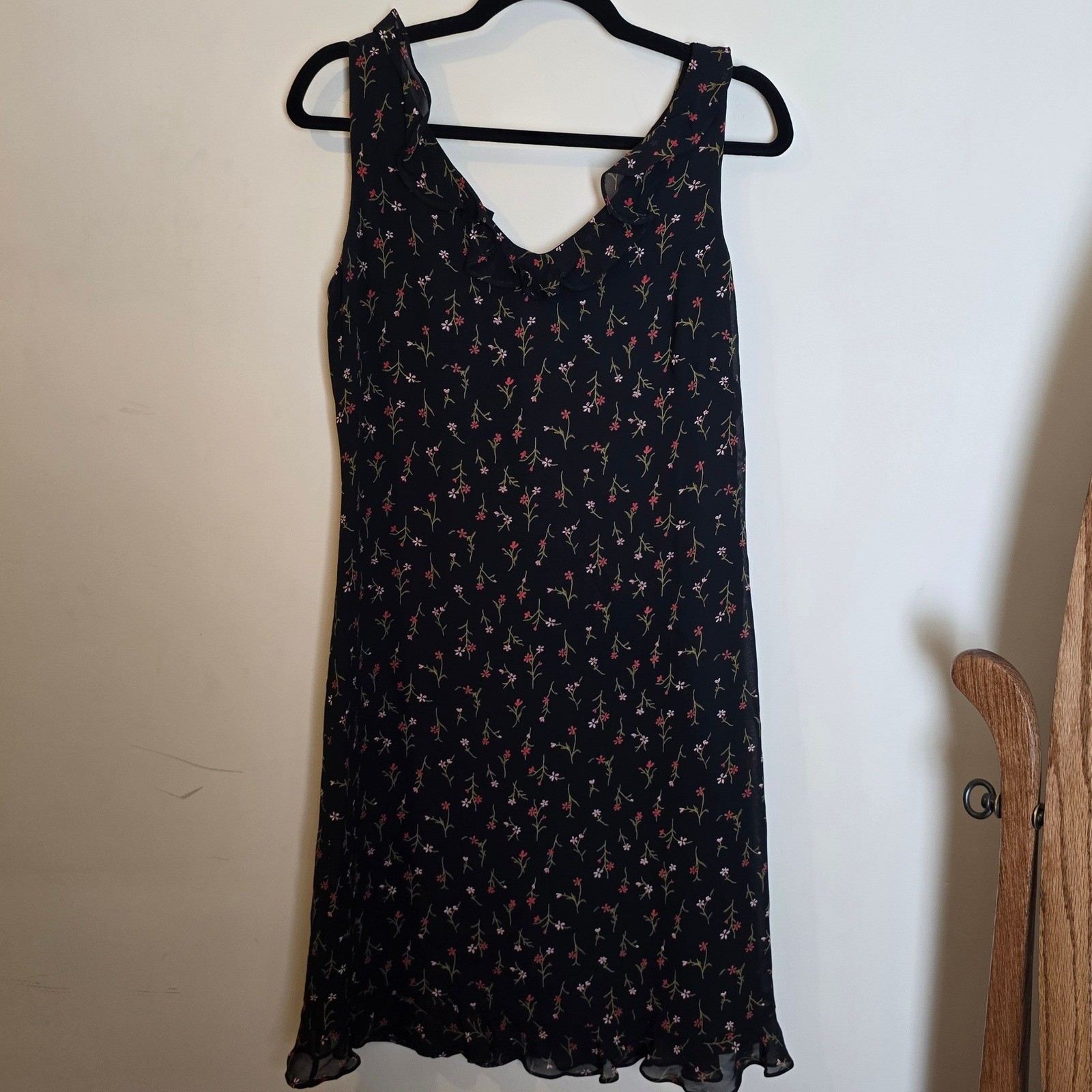 David Warren New York Black Floral Ruffle Midi Dress Sleeveless Rayon Size 6