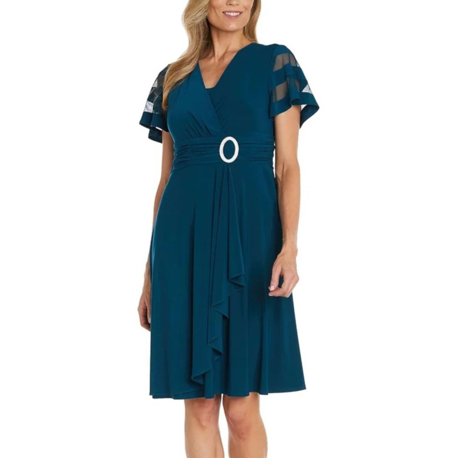 Blue wrap dress with jeweled buckle