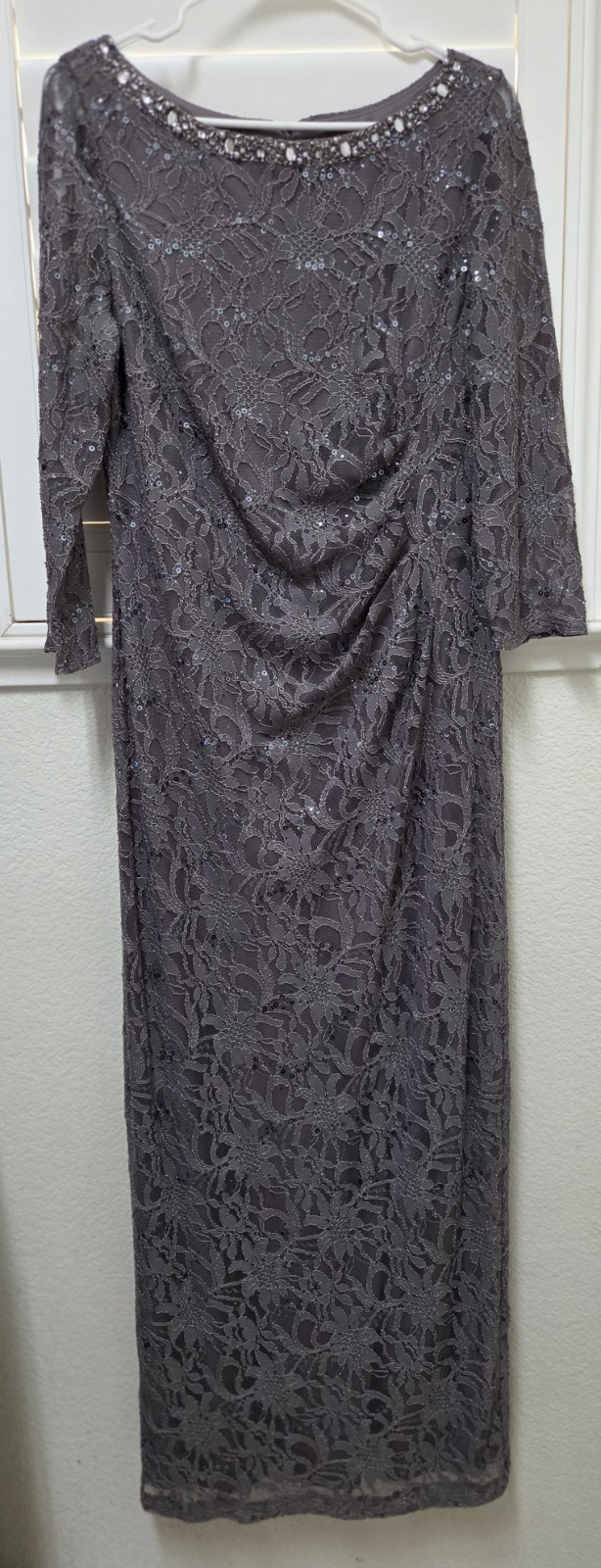 Jessica Howard Gray Lace Sequence Midi Dress Size 12 3/4 Sleeve Beaded Neck…