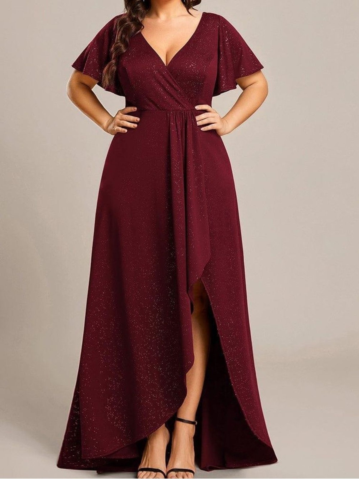 Pretty Melode Plus Size Glitter Ruffled High-Low Front Slit Evening Gown Dress