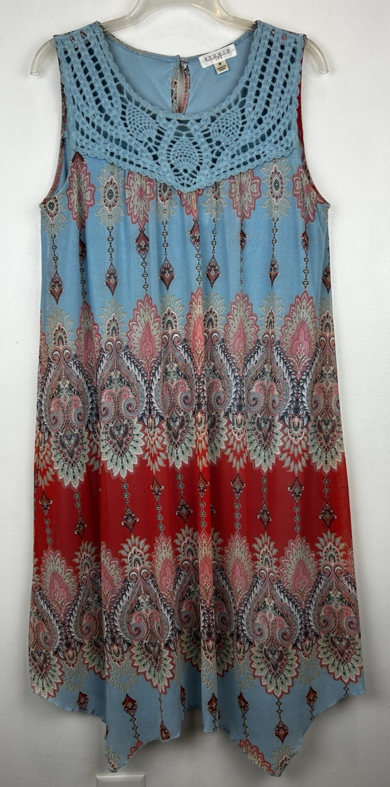 Boho Dress Womens M Floral Print Midi Handkerchief Hem Crochet Hippie Peasant