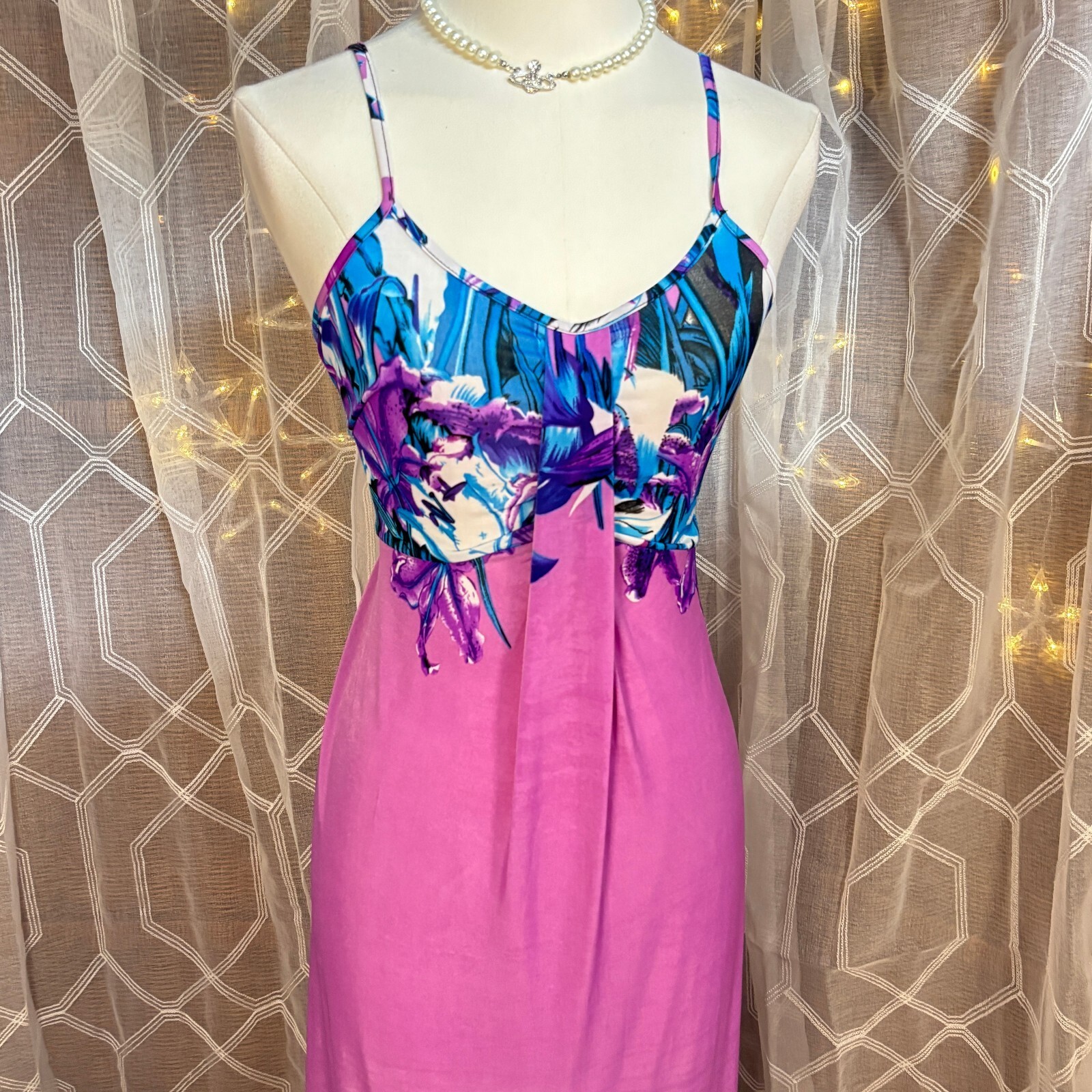 Silk Blend Tropical Floral Slip Maxi Dress Purple Blue Y2K Vacation XS
