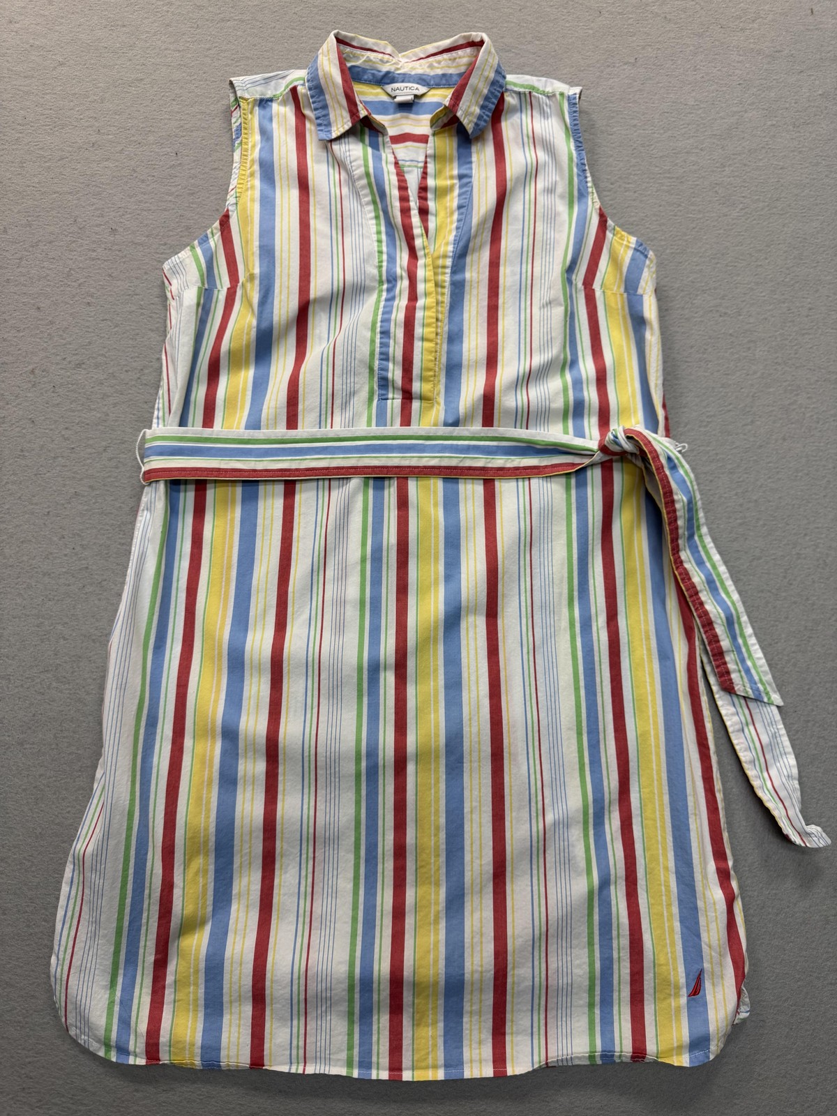 Nautica Shirt Dress Womens Medium Multicolor Stripe Sleeveless Belted Cotton