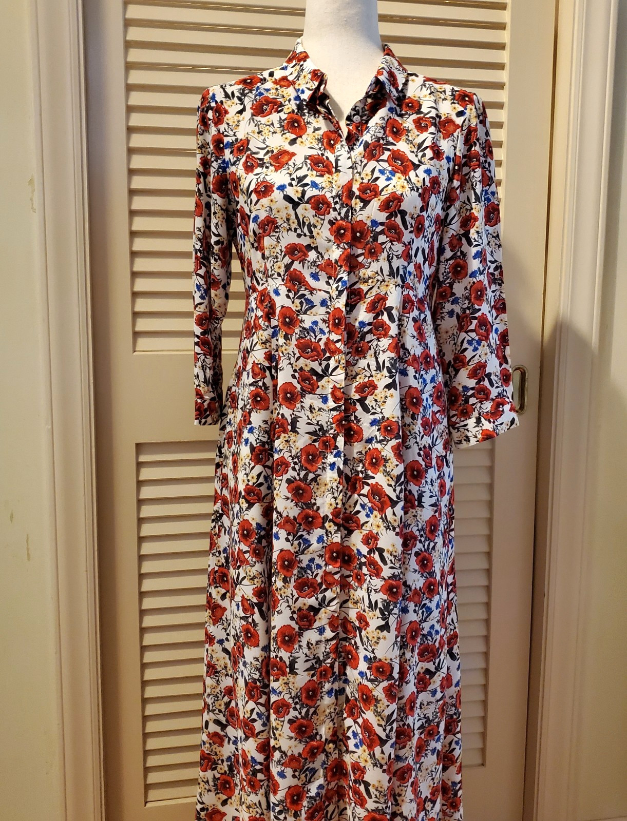 Zara Woman Maxi Long Dress Modest Western Floral Poppy Collar Button Pockets S/M