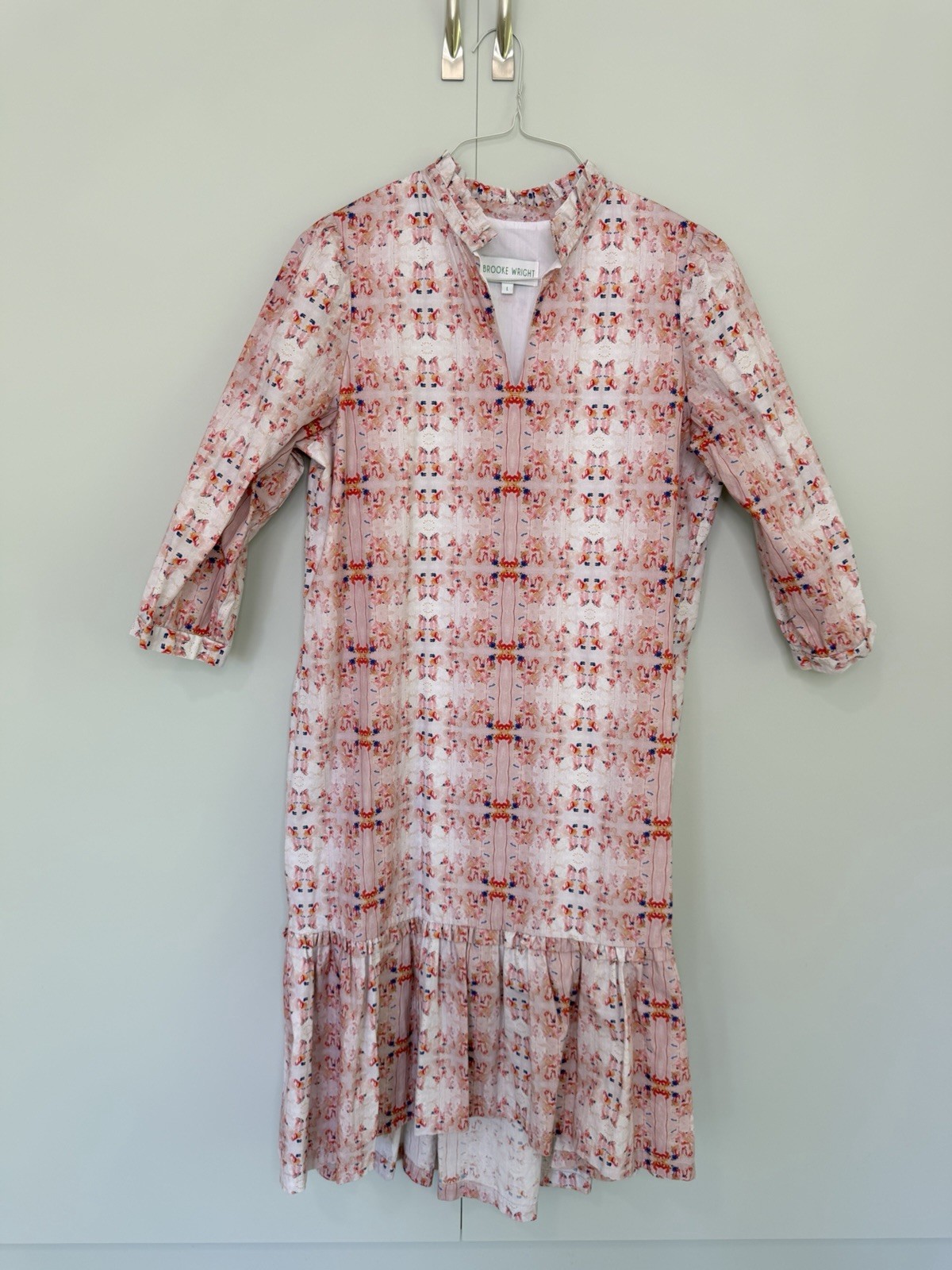 BROOKE WRIGHT DESIGNS 3/4 Sleeve Kaftan Midi Dress Ink Blot Peach Print Sz Large
