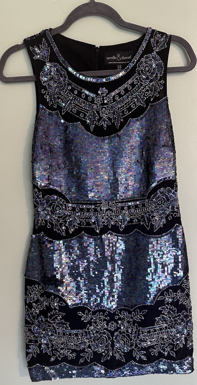Needle & Thread Black Silver Sequin Beaded Lace Mini Sleeveless Dress US 6