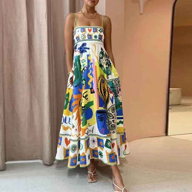 Spring Women’s New Style Elegant High Waist Printed Strap Casual Fashion Dress