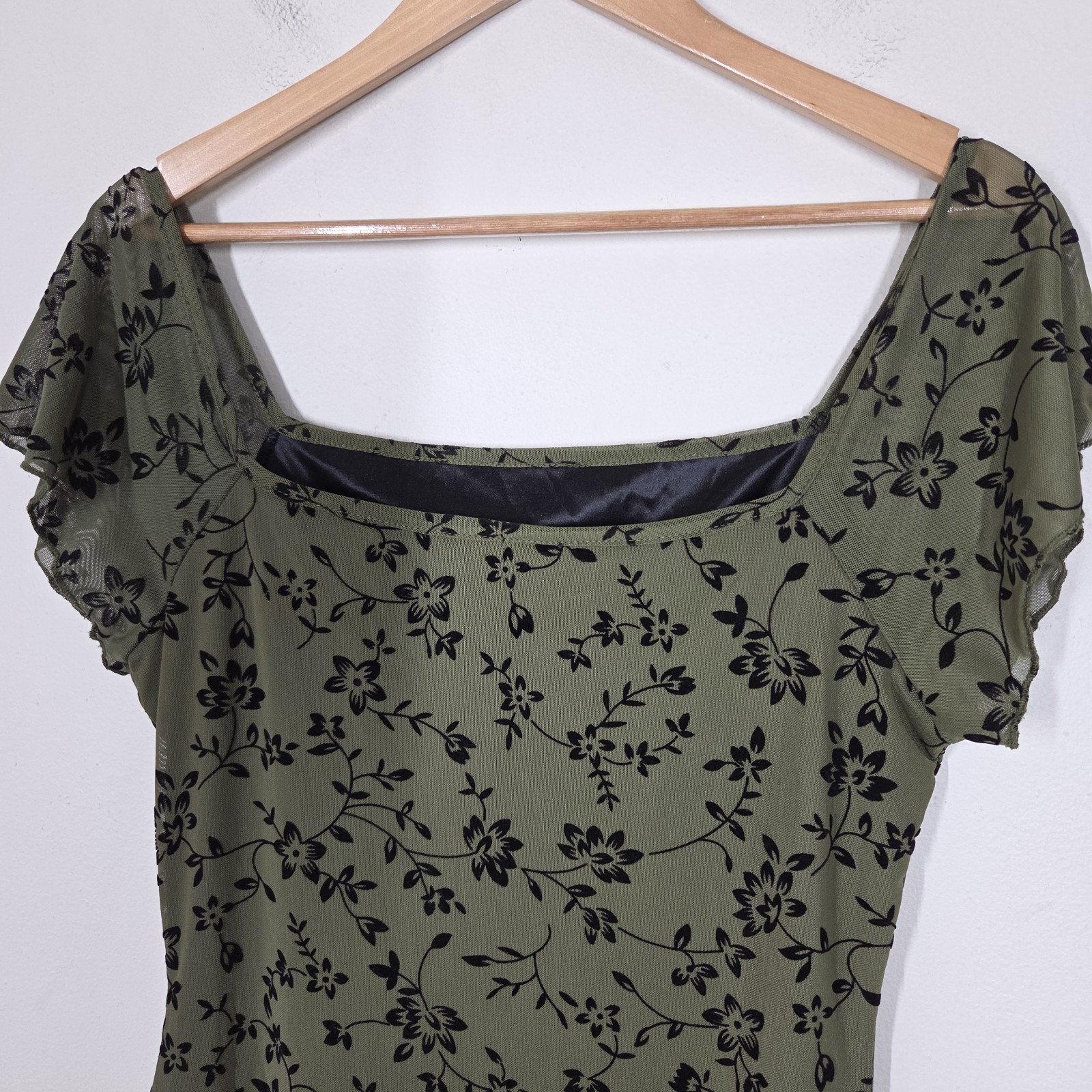 Mesh Velvet Floral Olive Green Mini Dress L Fairy Whimsigoth Goblincore Forest