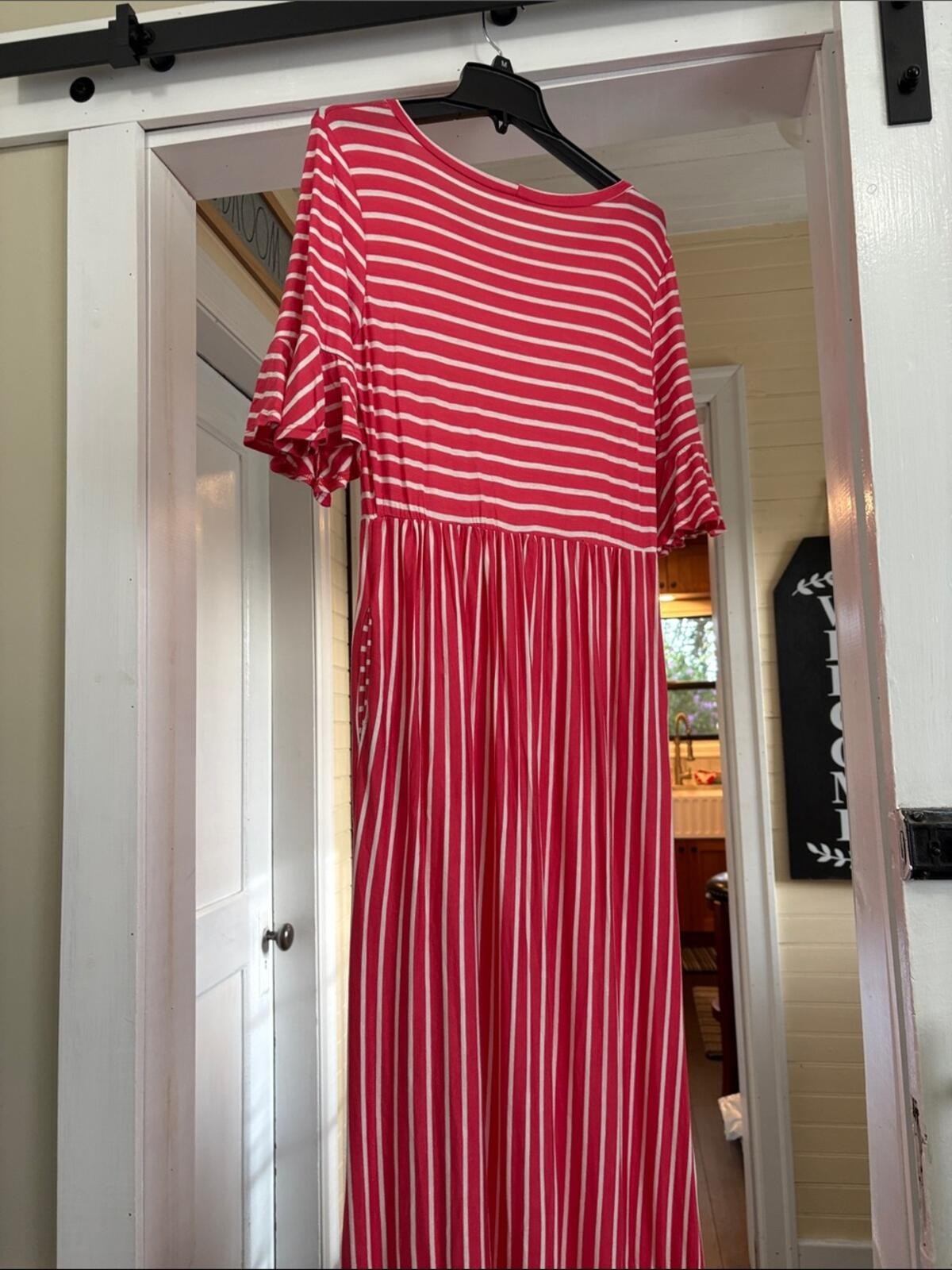 7th Ray Pink & White Striped Ruffle Sleeve Maxi Dress