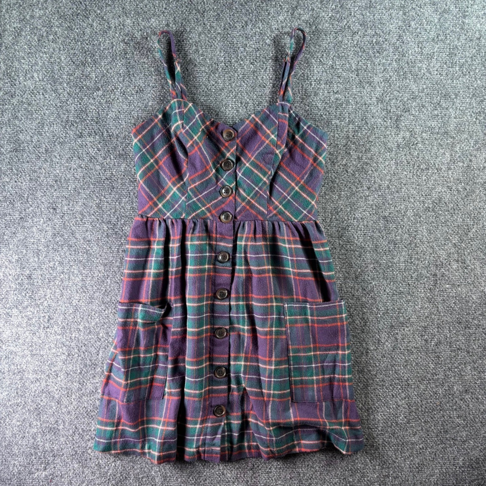 Kimchi Blue Plaid Mini Dress Womens Small Purple Green Button Down Grunge Boho