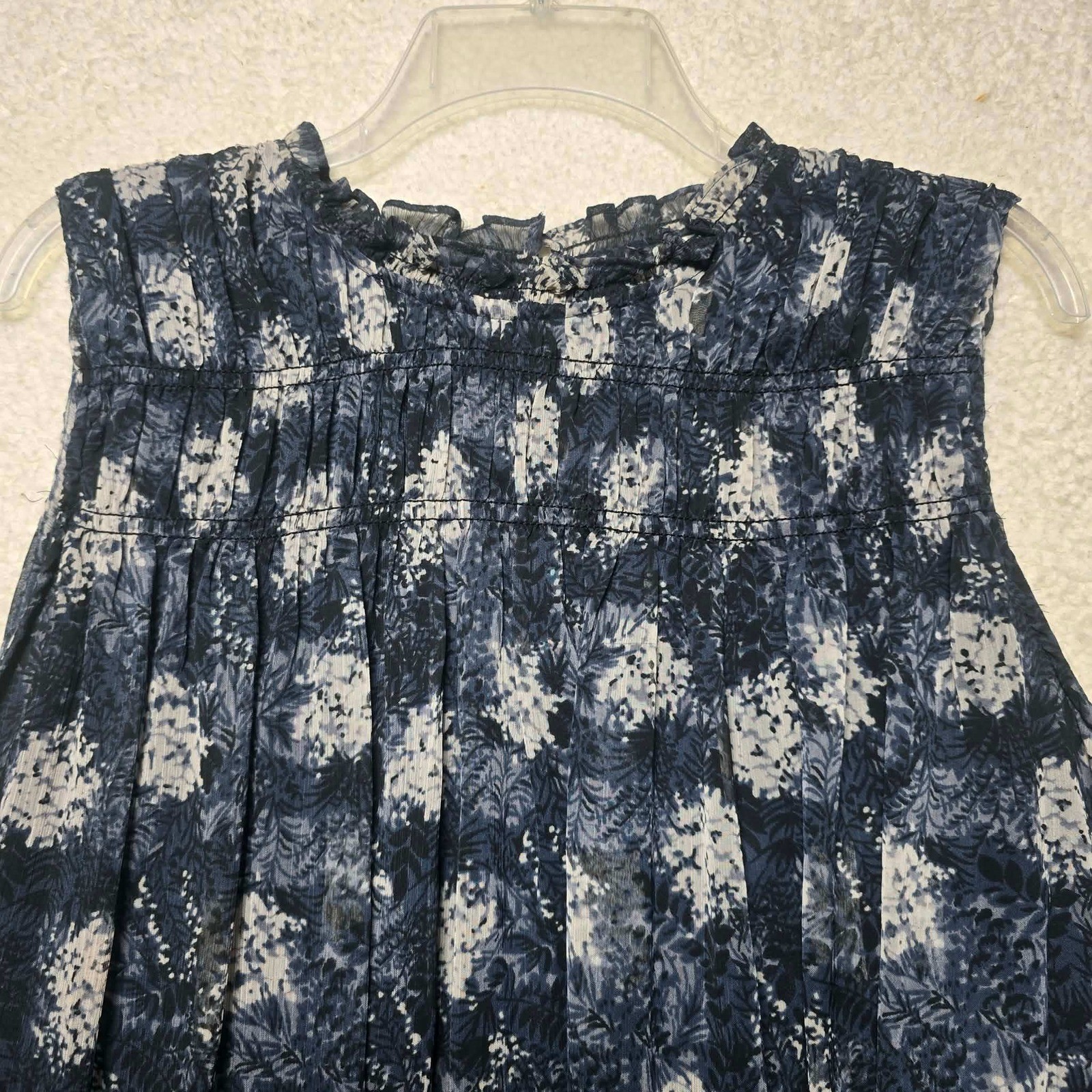Joie Navy Blue White Floral Smocked Ruffle Neck Sleeveless Mini Dress XXL