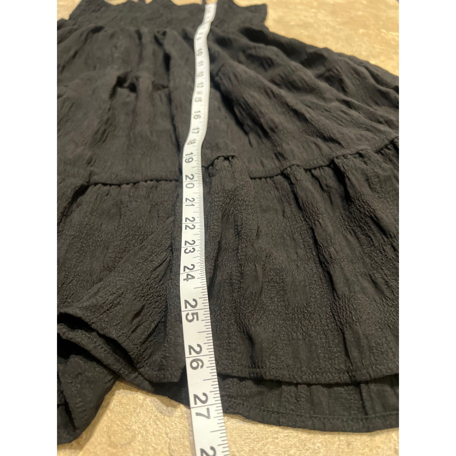 Black Smocked Tiered Mini Dress Textured Crinkle Adjustable Straps Small