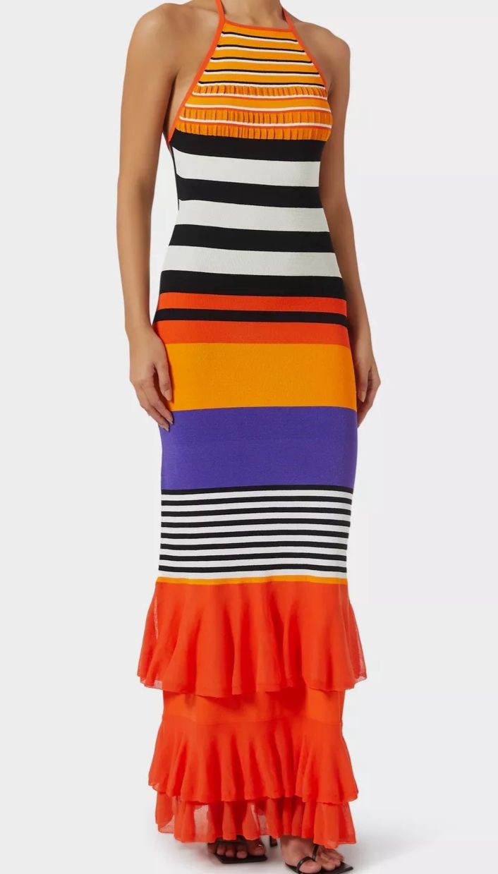 Christopher John Rogers Women’s Orange Striped Ruffled Halter Maxi Dress Size S