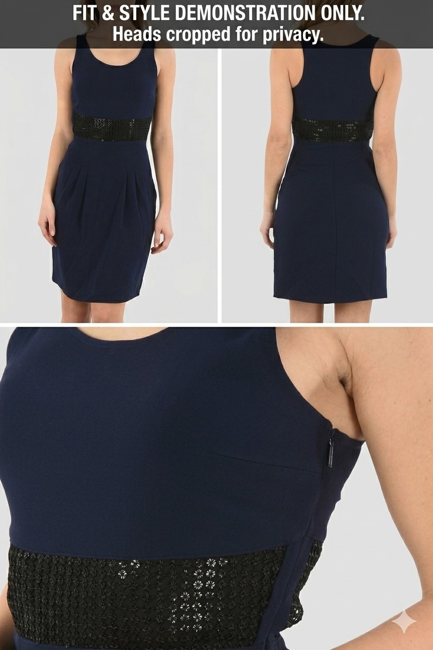 Armani Exchange NWT Navy Blue Cocktail Dress Size 0 Black Sequin Waist Sleeveles