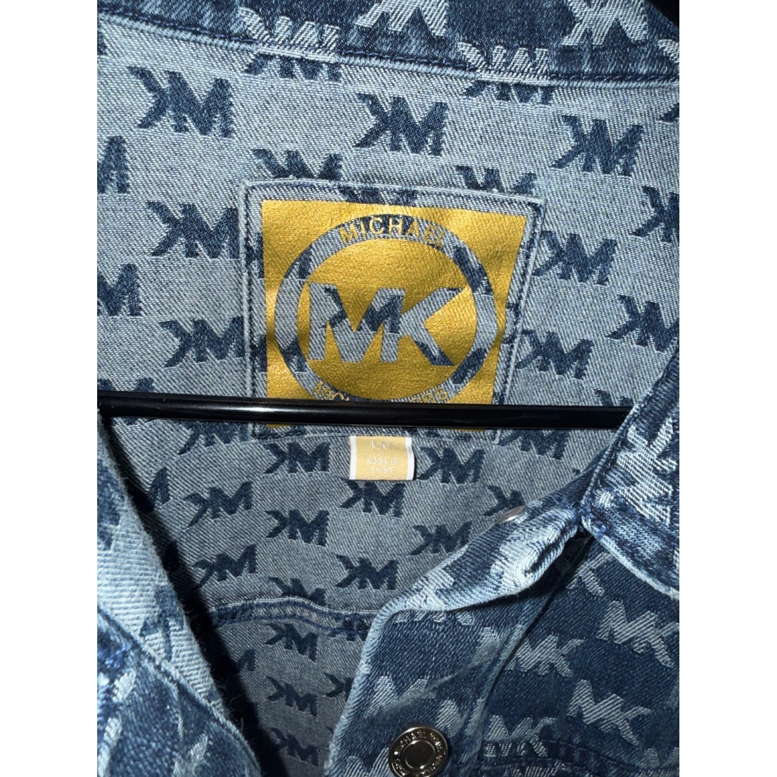 Michael Kors MK Monogram Sleeveless Denim Shirt Dress Blue Gold Buttons Large