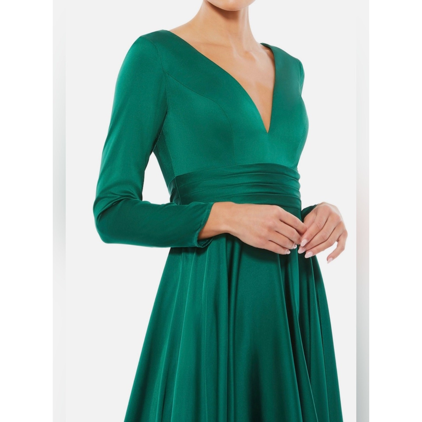 NWT Mac Duggal PLUNGE NECK SATIN A LINE DRESS Emerald Grn 67527emerald midi 16