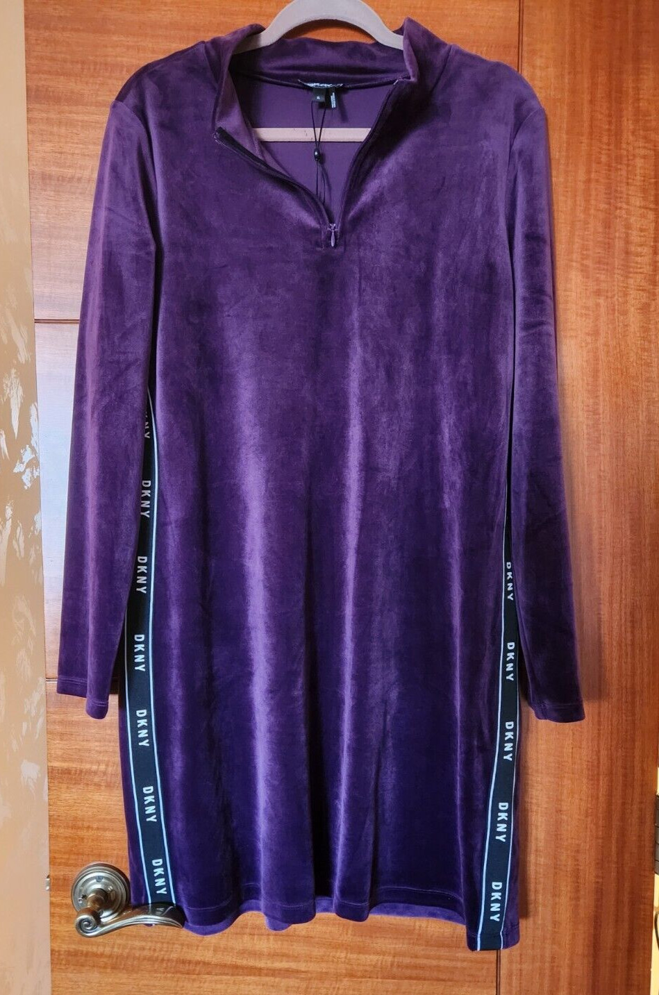 New DKNY Purple Velour Stand up Collar with Short Zipper and Logo dress, Size XL