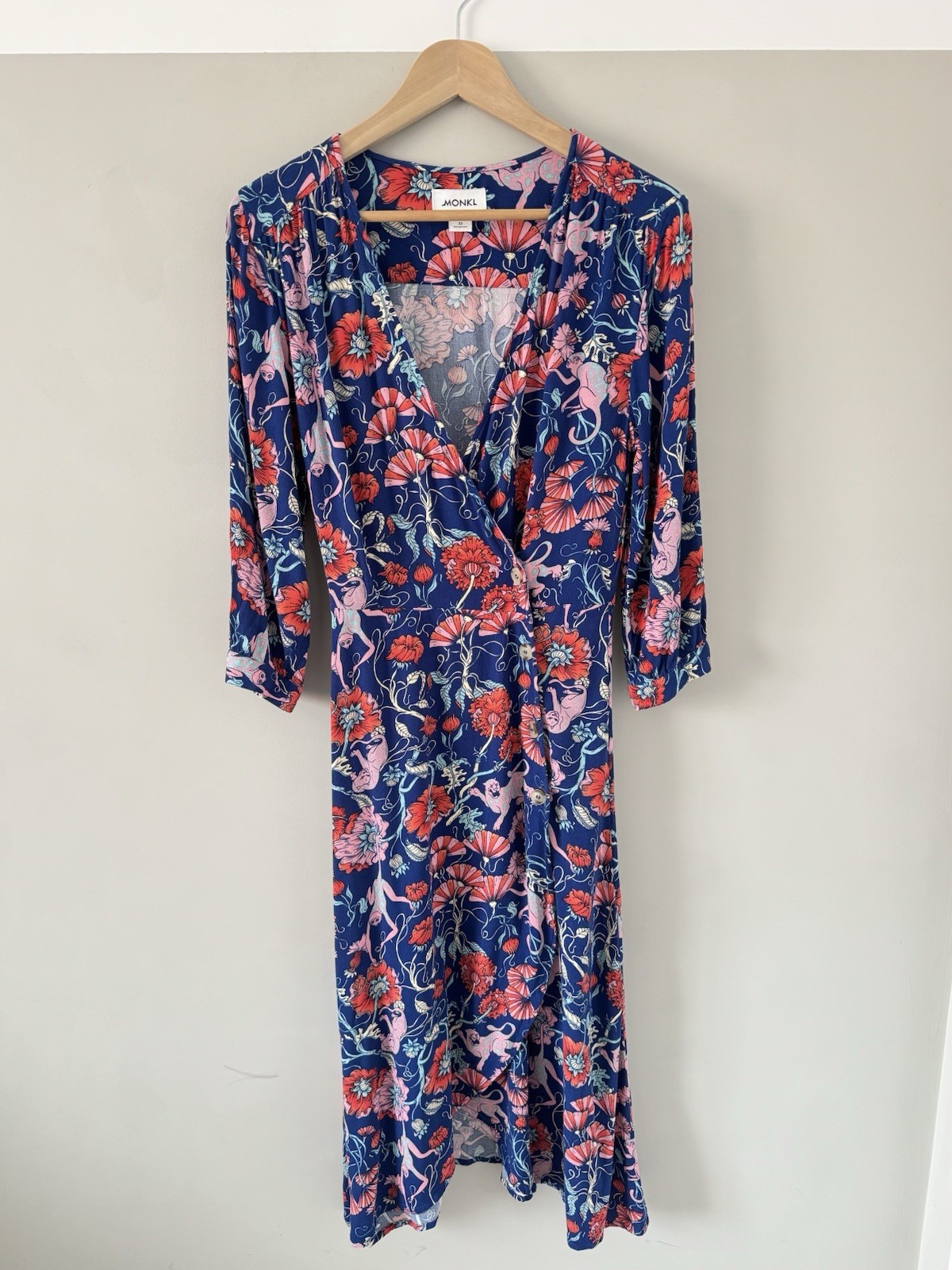 Monki Floral Wrap Midi Dress UK 6 Blue Pink Boho Tea Dress Long Sleeve