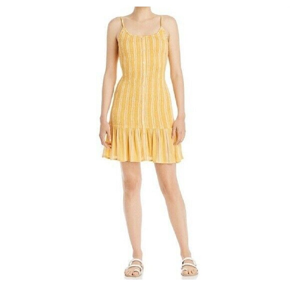 Aqua Womens M Yellow White Striped Smocked Sleeveless Mini Dress NWT BB45