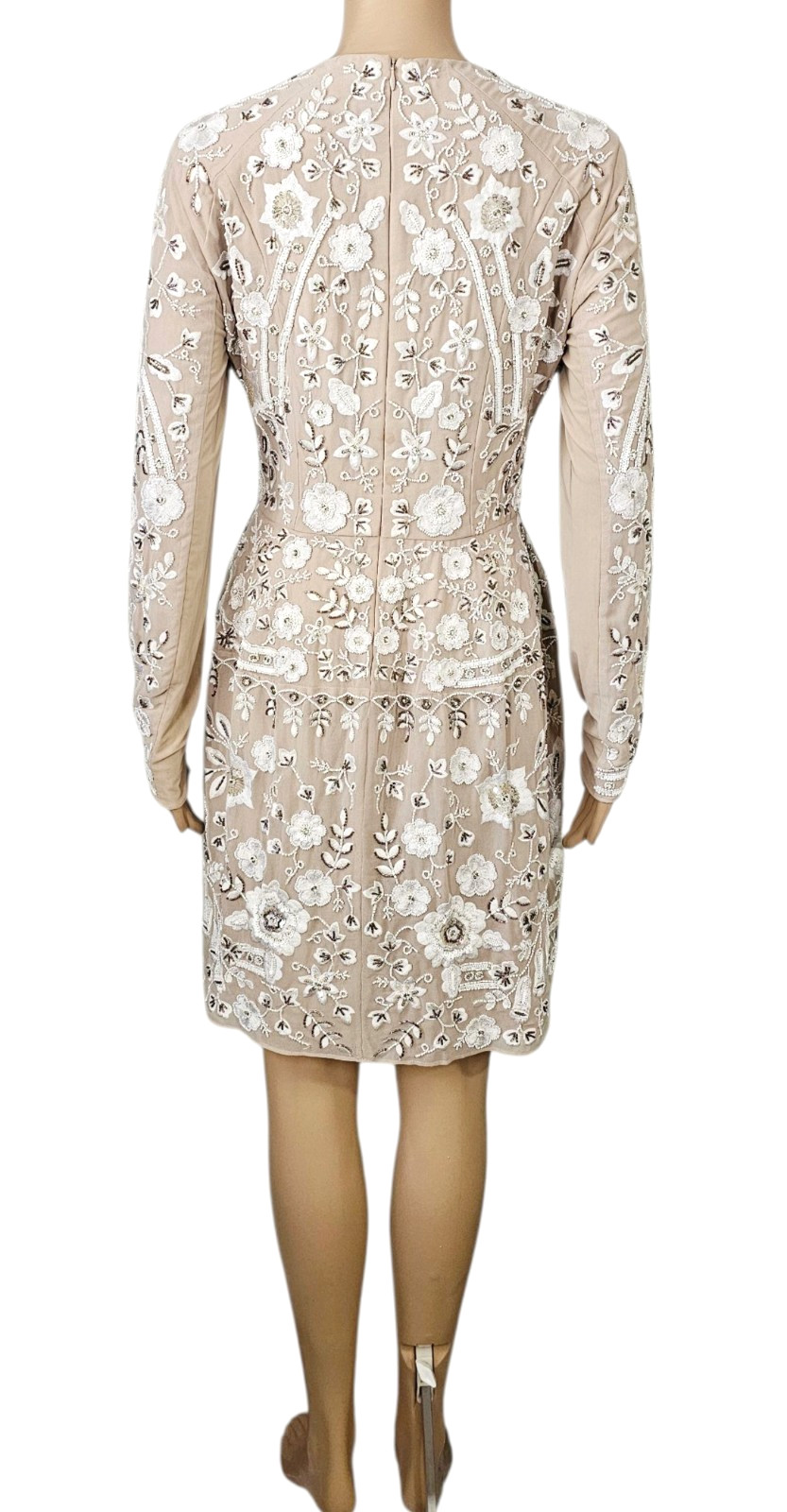 NEEDLE & THREAD Snowdrop Ivory Beige Floral Embellished Long Sleeve Mini Dress 8