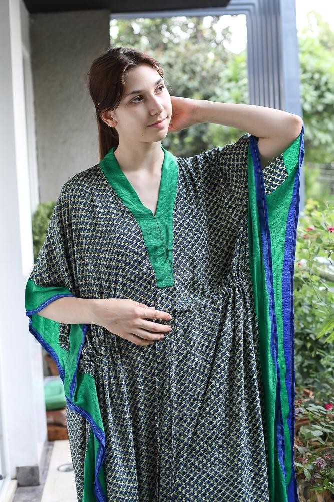 Silk Beige Kaftan / Handmade Flowy Maxi Dress / Resort Wear Outfit PS MFN1037