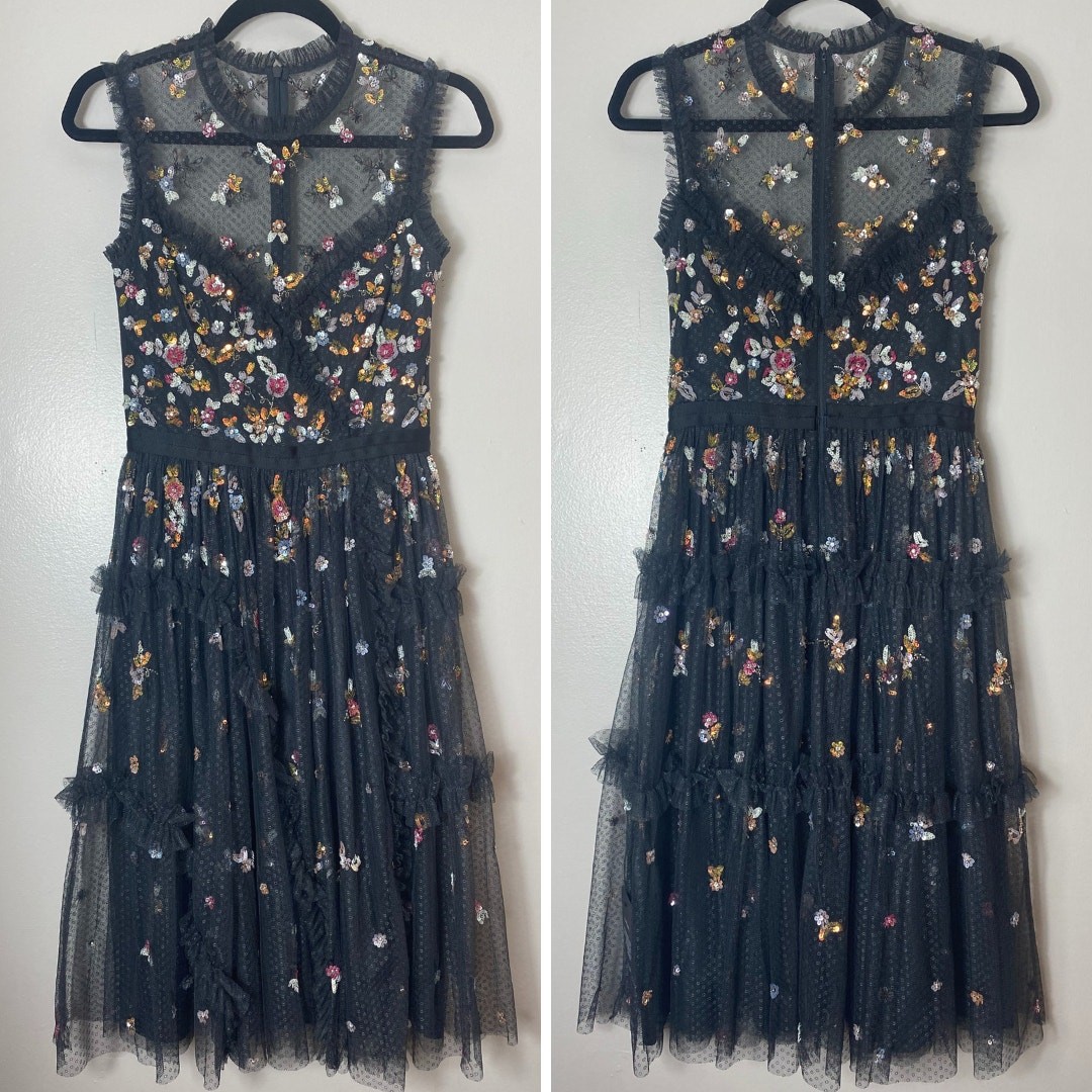 NEEDLE & THREAD DRESS 2 WEDDING GUEST MIDI SEQUIN FLORAL RUFFLE FORMAL BALLERINA