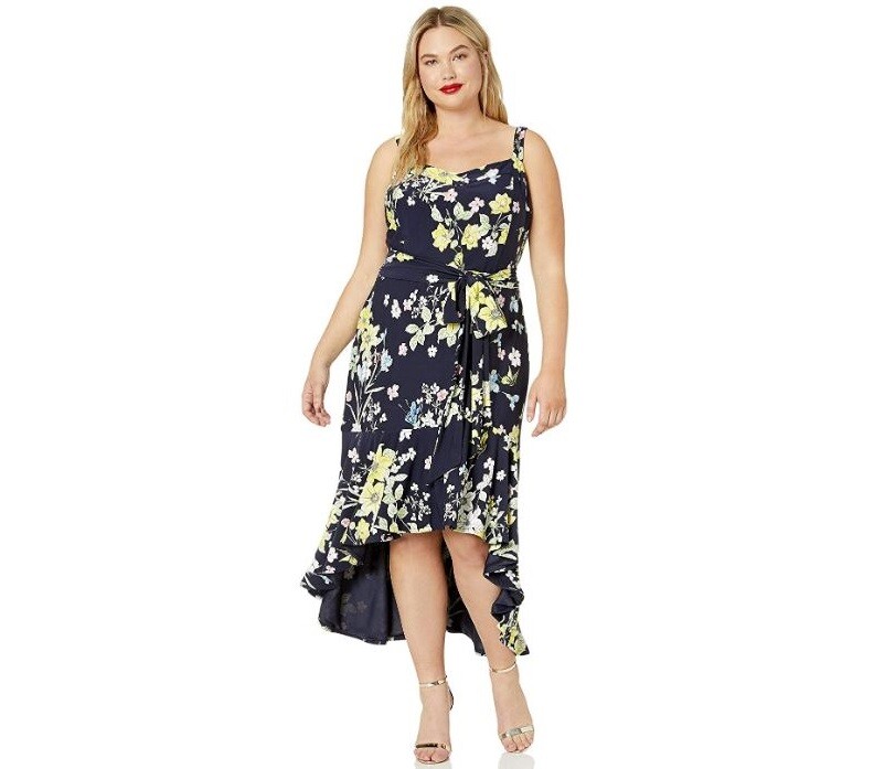 Rachel Roy Womens Plus 1X True Navy Pria Floral Self Tie High Low Maxi Dress NWT