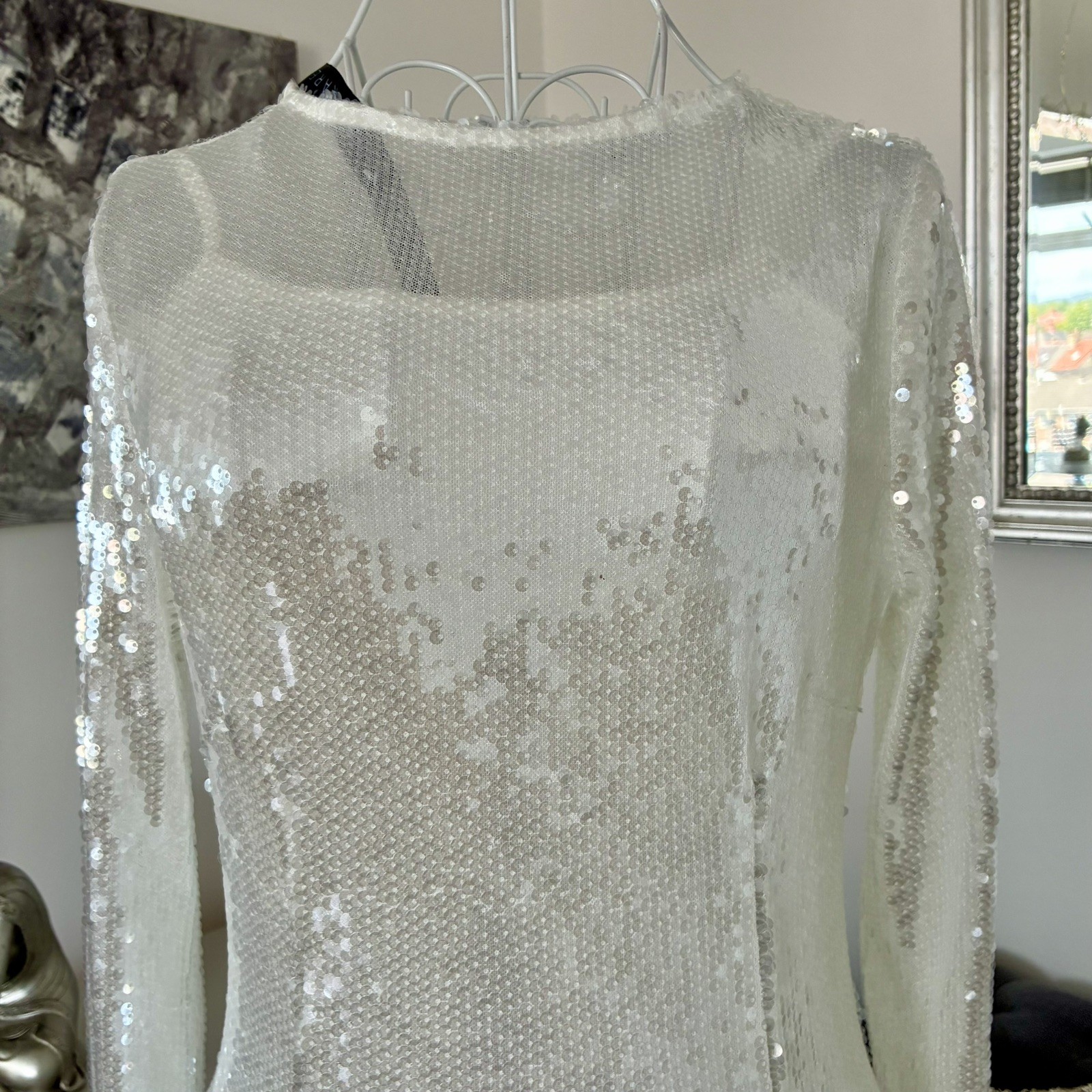 Rare London White Sequin Round Neck Long Sleeve Maxi Dress With Cami 8 RRP £95