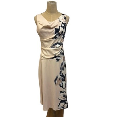 NWT! “DKNY” Floral Print Midi Dress Beige Blk SZ 2 Rouched MSRP-$132 Watercolor