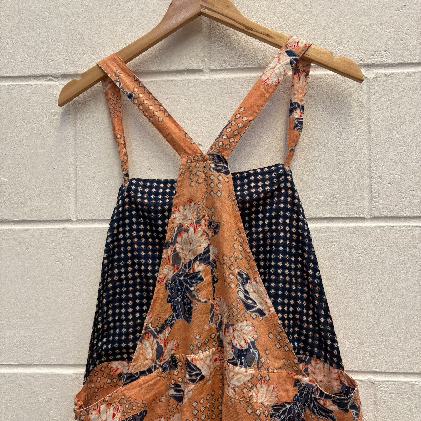 White Stuff Yuki Linen Pinafore Dress UK 18 Orange Floral Midi Dungaree Dress