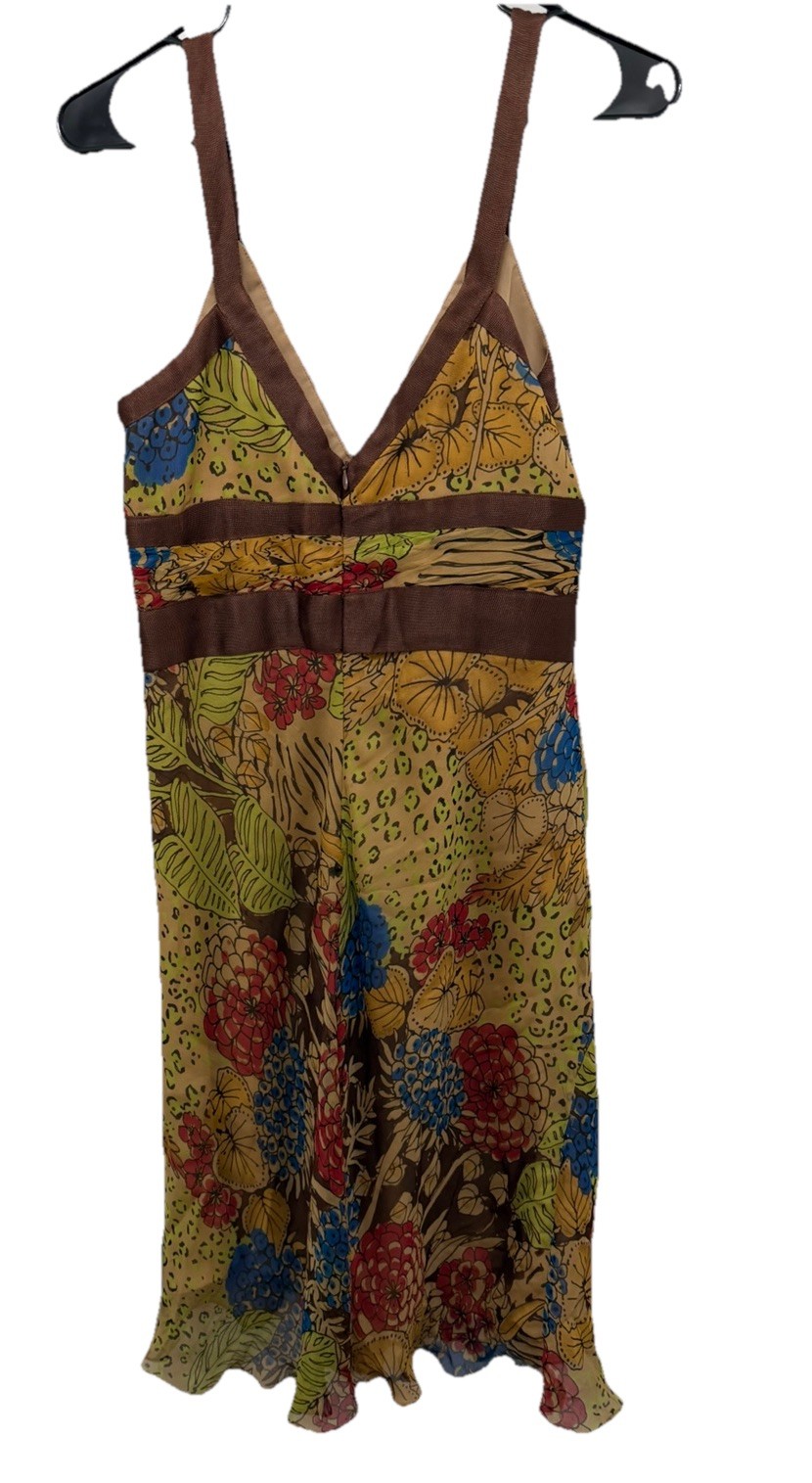 Kay Unger 100% Silk Dress floral w/Brown Trim Lined Zip Back Closure Size 10