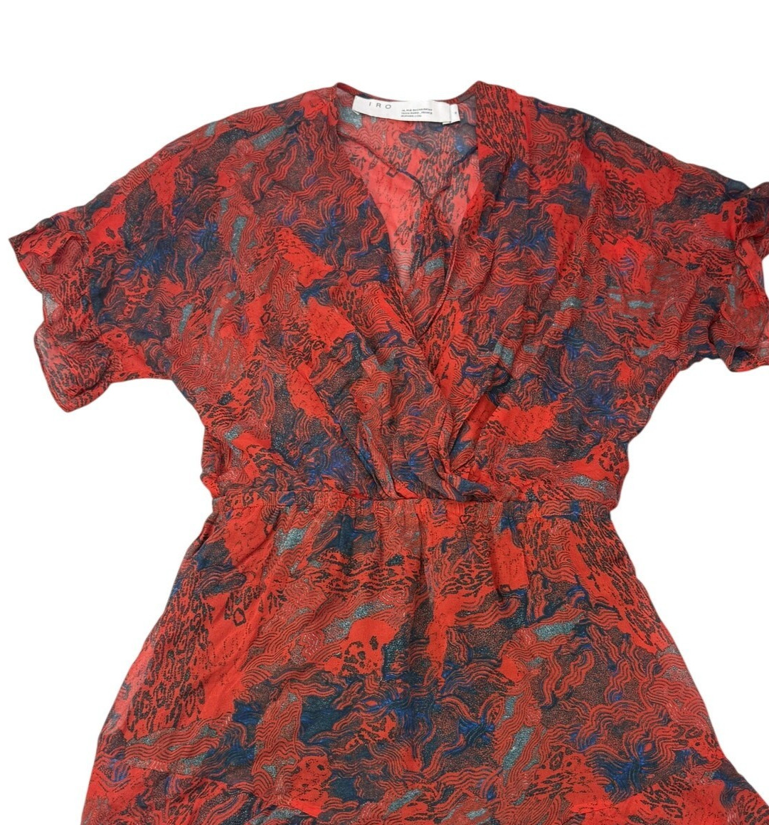 Iro Kizz Chiffon Surplice Neckline Ruffle Mini Dress Womens US 4 FR 36 Red Blue